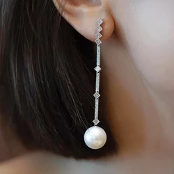 Uilz Long Crystal Tassel Imitation Pearl Dangle Earrings For Women Silver Color Wedding Earing Unique Design Jewelry Gifts