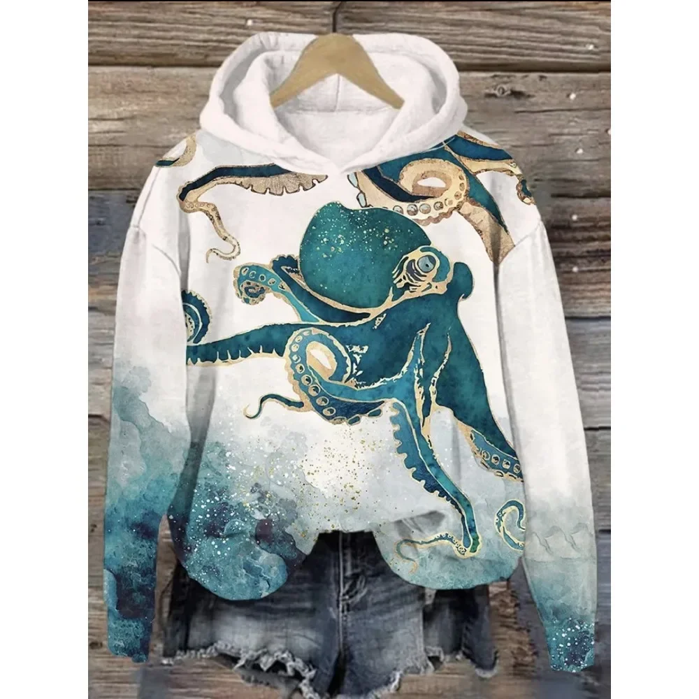 Sudadera con capucha con estampado de tentáculo de pulpos en contraste, sudaderas con capucha elegantes Harajuku para mujer, jersey informal de gran tamaño con tortuga marina, trajes de Anime, Tops