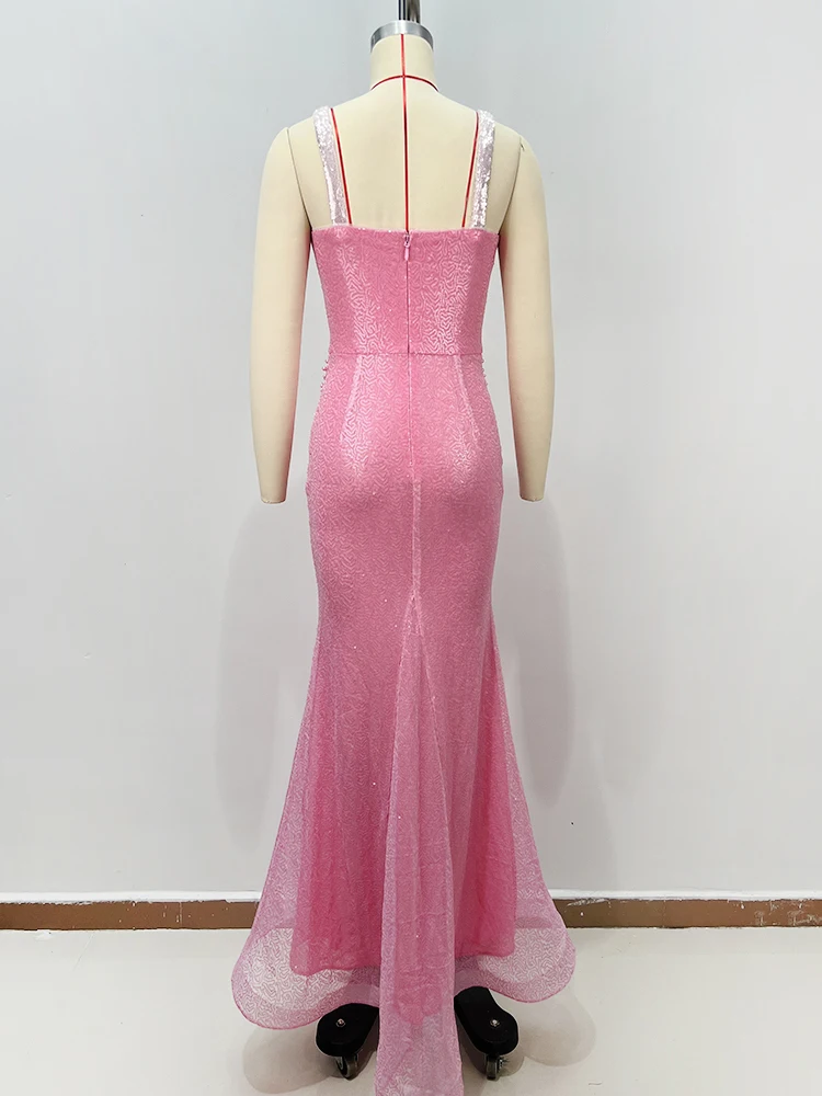 VC romantique rose paillettes et perles à bretelles maille transparente robe sirène à bretelles pour rendez-vous nuit robe Galas