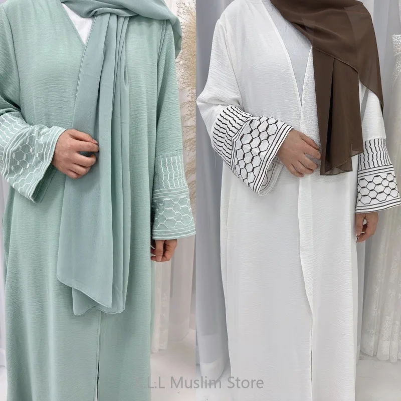 Jalabiya Open Front Abbaya Robe Kebaya Dubai Turkey Eid Muslim Kimono Keffiyeh Linnen Abaya Muslim Dress Women Prayer Garment