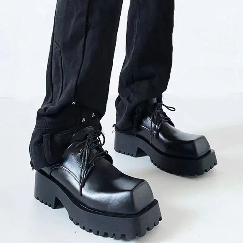 Black Square Toe 2025 New Leather Shoes Women's Thick-Soled Casual Derby Shoes Lace Up Platform Fashion Boots Shoes