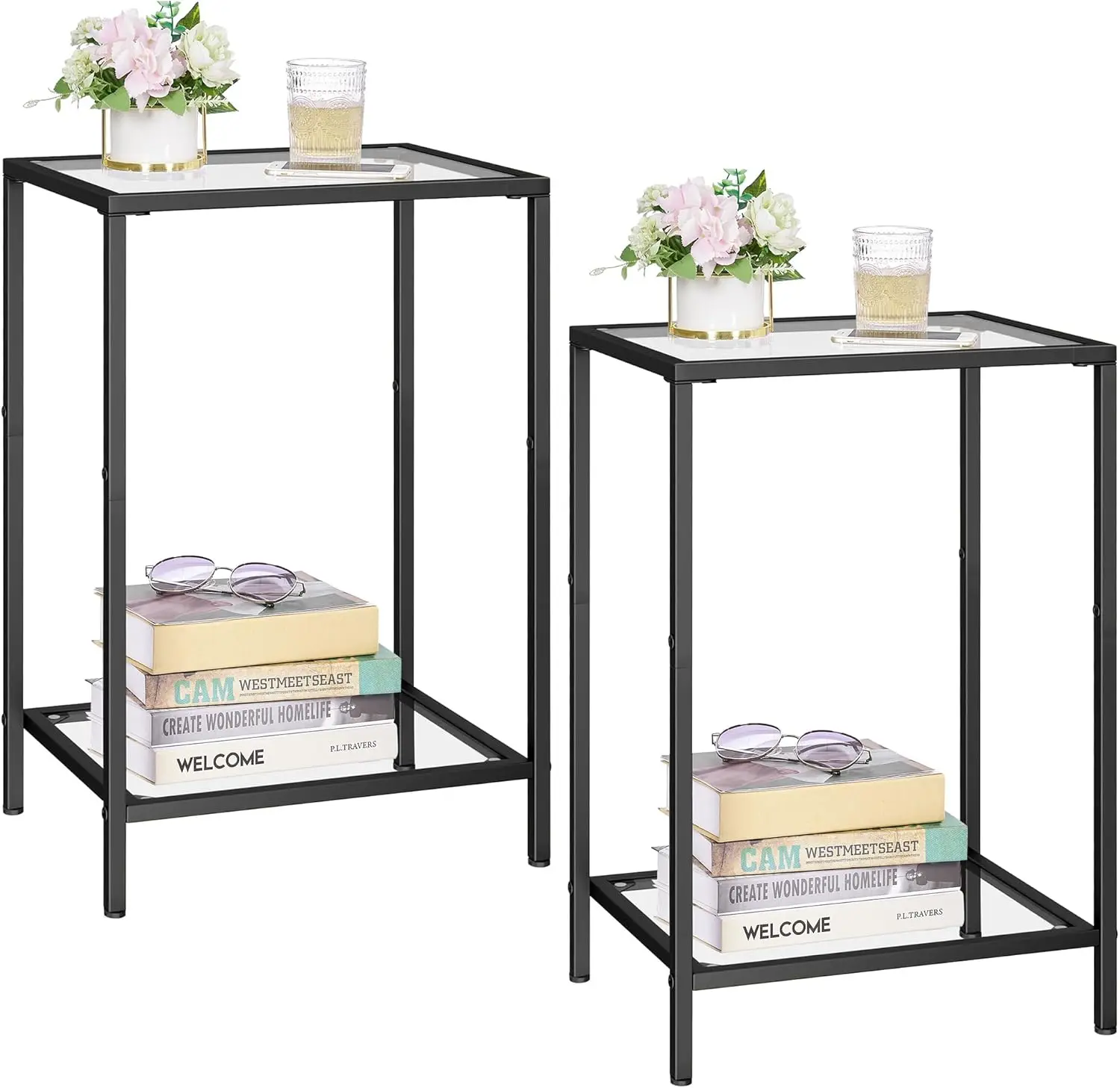 

Modern 2-Tier Side Table Set with Tempered Glass, Storage Shelves for Living Room & Bedroom, Black