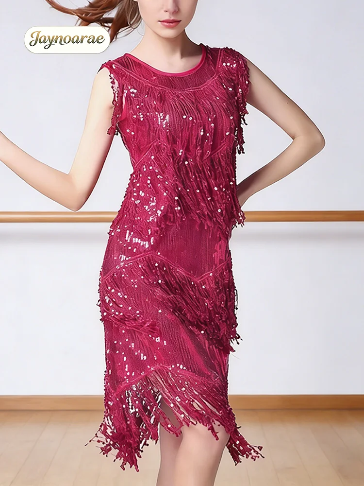 JAYNOARAE Latin Salsa Tango Dress Women Sequin Asymmetrical Fringe Round Neck Chest Pattern Ballroom Dancing Costume