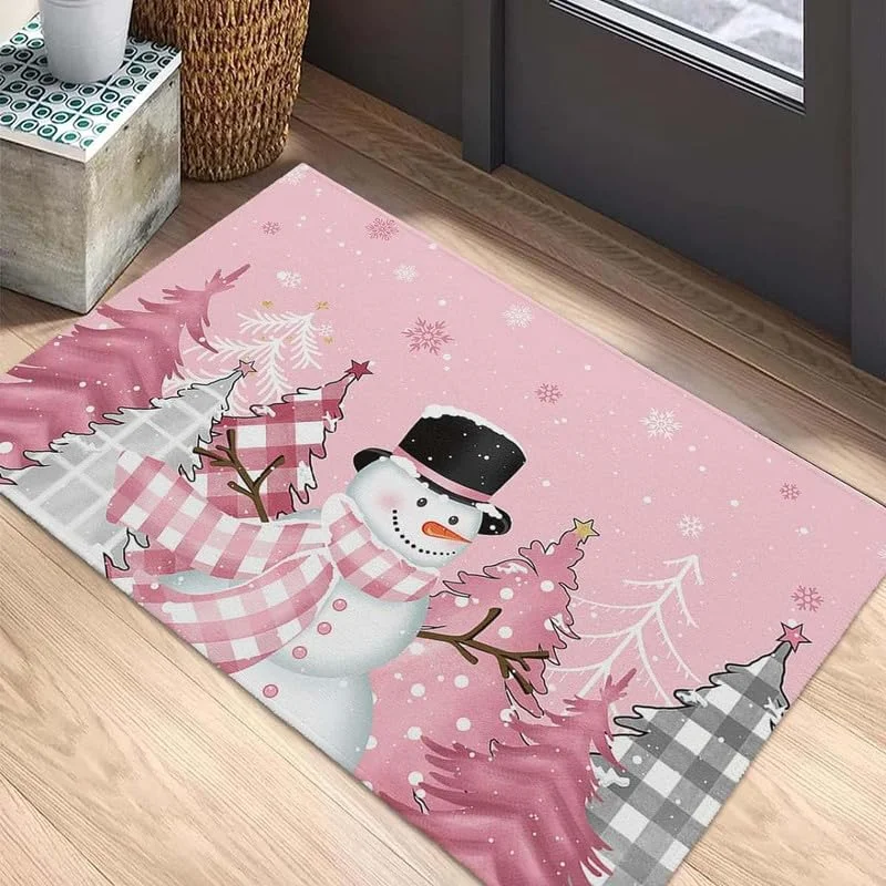 VIKAMA Pink Snowman Doormat Black Hat Plaid Scarf Christmas Tree Snowflake Non‑Slip Rug For Entrance Front Door Home Decor