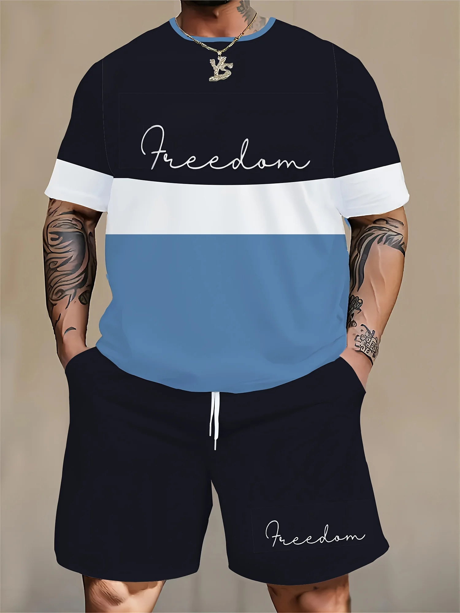 

Large Men's sky color patchwork print casual short-sleeved graphic T-shirts and drawstring shorts pocket casual set, breathable