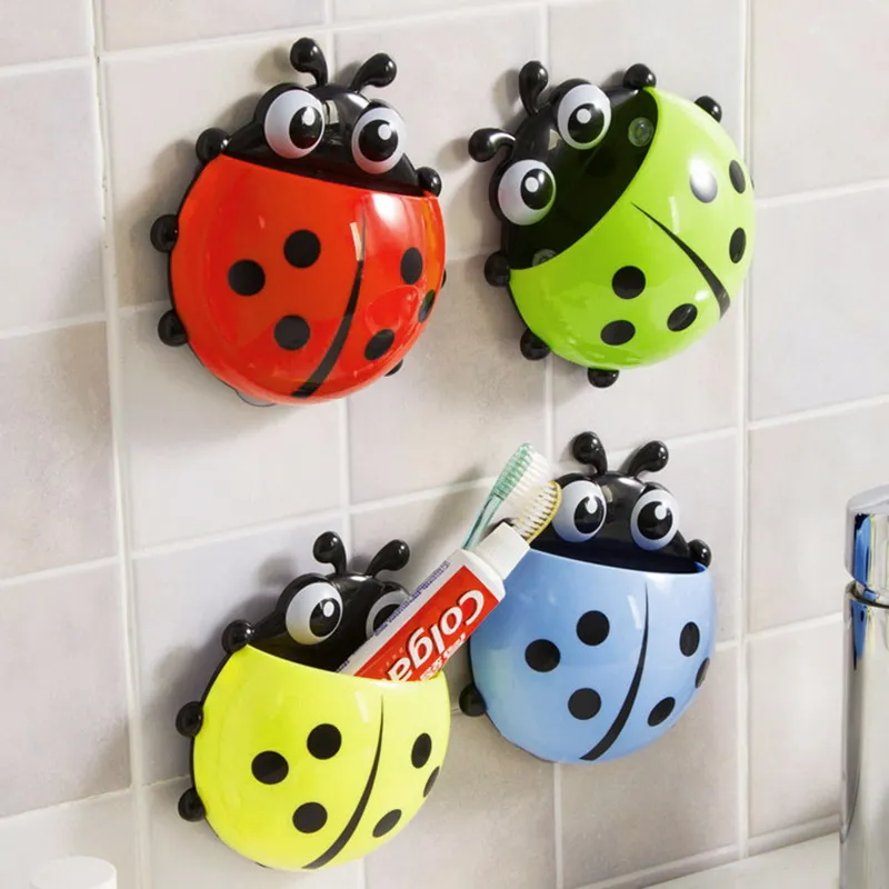 

TXM Bathroom Toothbrush Holder Ladybug Toothpaste Wall Mount Rack Suction Cup Hanging Organizer Bathroom Accessories