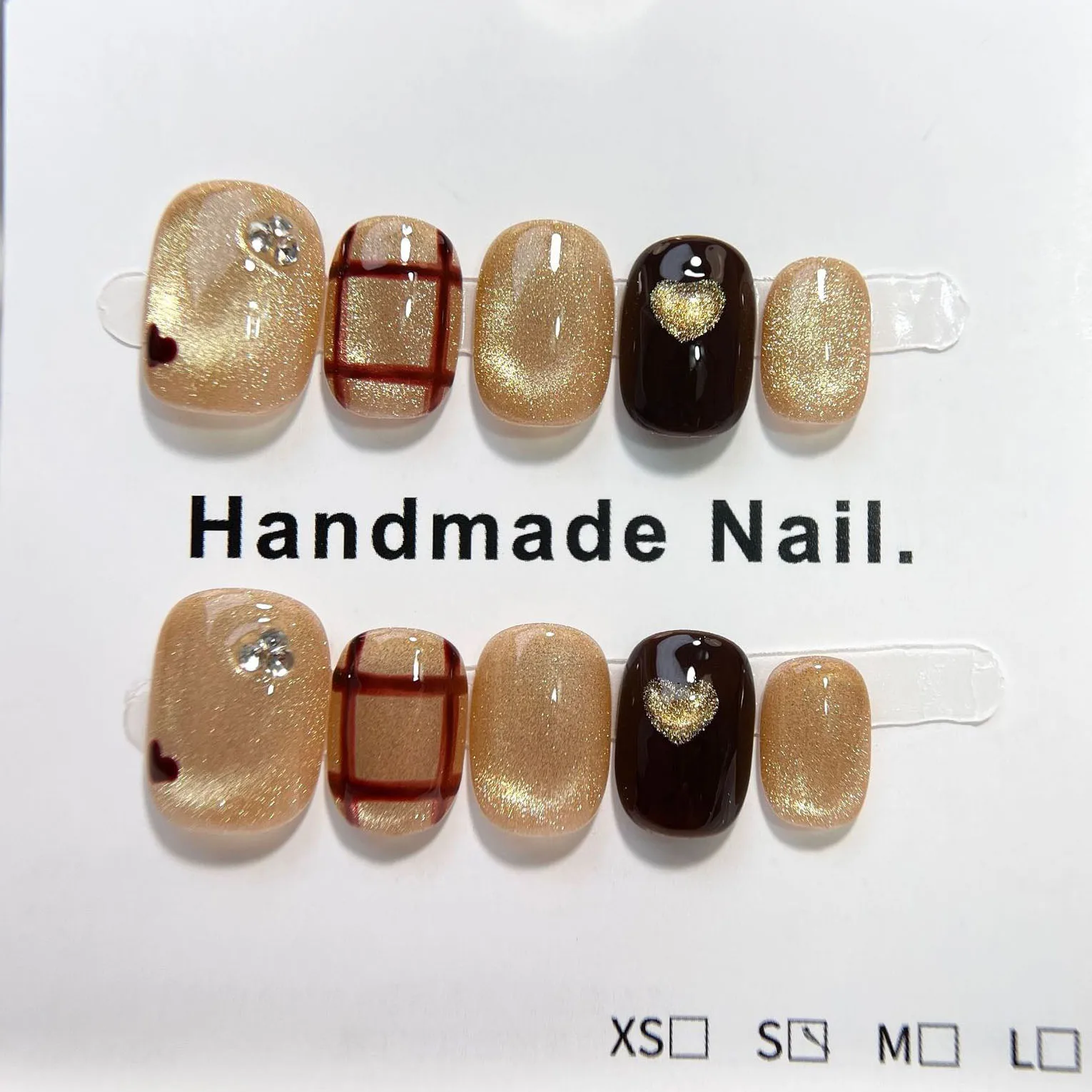 

10pcs Handmade Press on Nails Heart-Shaped Cat's Eye Checkered Ballet Full Coverage Nail for Women&Girl Removable Wearable Nail