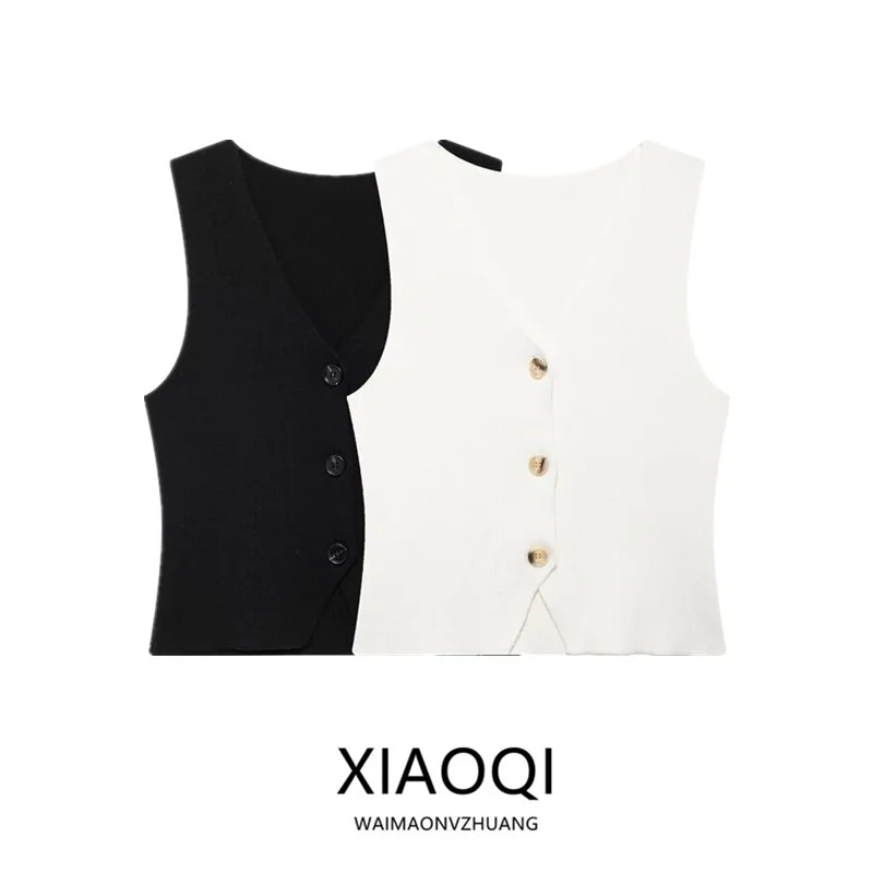 

Новинка лета 2024, универсальный вязаный жилет цвета слоновой кости, свитер с v-образным вырезом, женский модный матч, все размеры, стандартная длина, одна пуговица