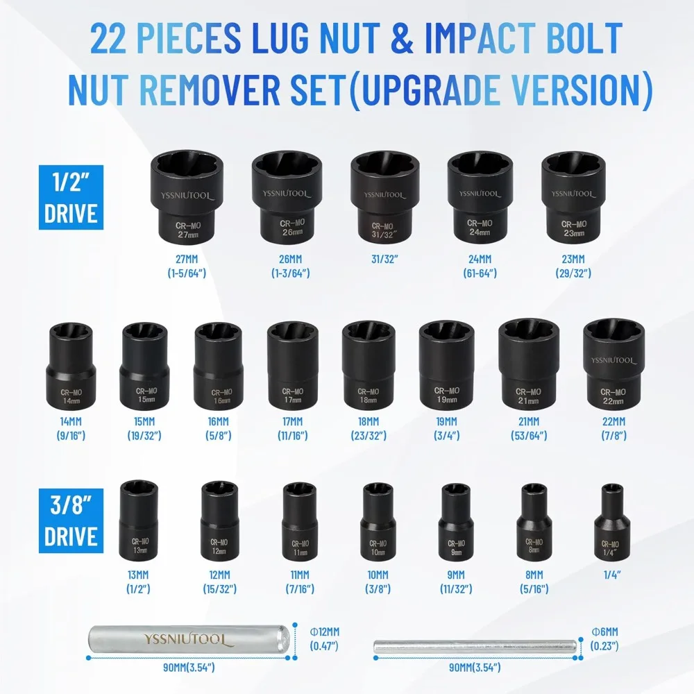 Juego de extractores de tuercas de perno de 22 piezas, herramienta de enchufe para quitar tuercas de impacto de accionamiento de 1/2 y 3/8, kit de extracción de bloqueo de rueda para extracción de daños