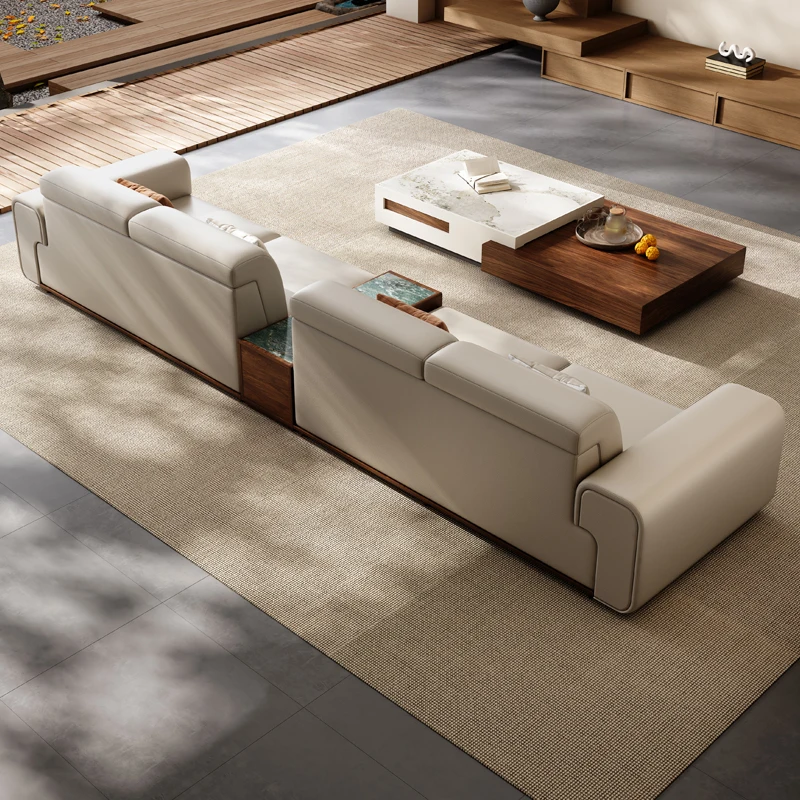 Black walnut solid wood leather inline sofa Song Dynasty aesthetic high-end villa new Chinese style living room home 2025