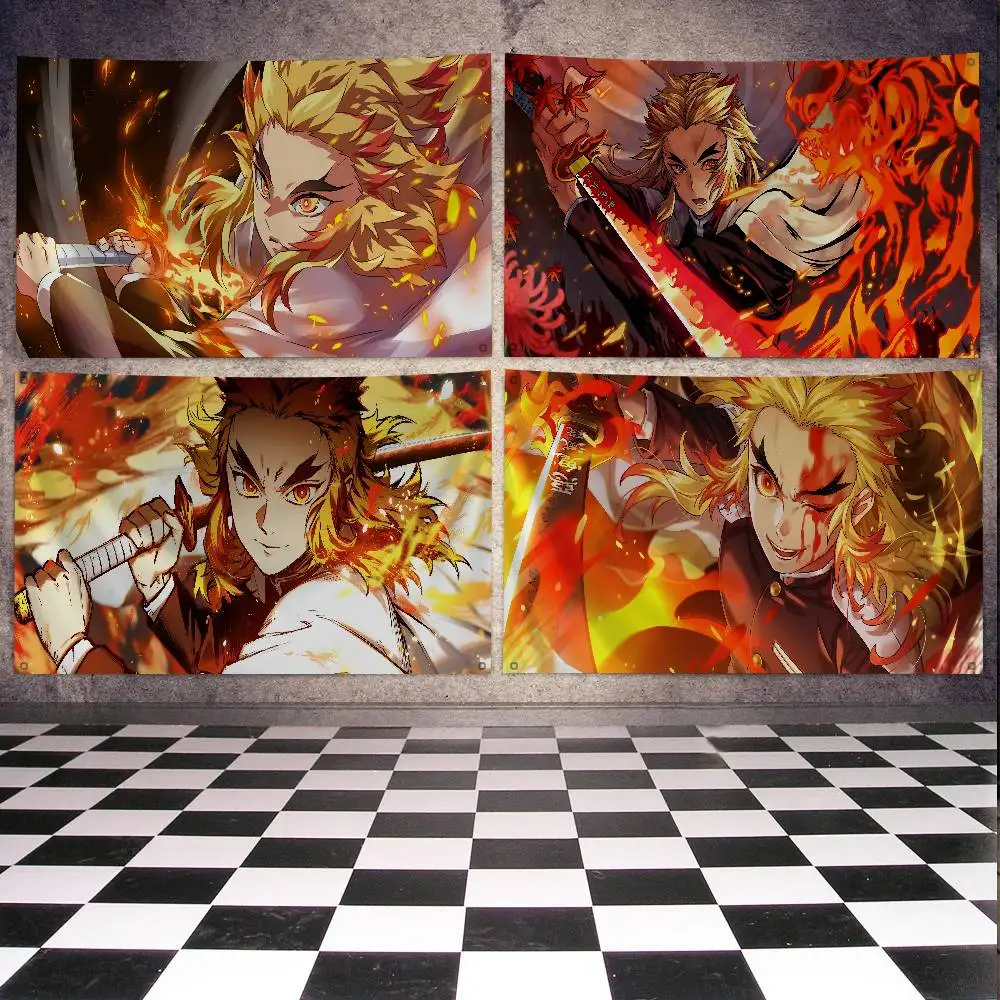 Anime Game Demon Slayer Rengoku Kyoujurou Flag Banners Four Hole Flag Polyester Outdoor Decor Room Aesthetic