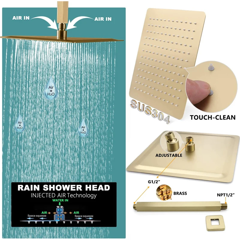 

16 Inch Large Brass Top Shower Head Thermostatic Rainfall Shower System Set with 6 Pcs Body Jets Wall Mount
