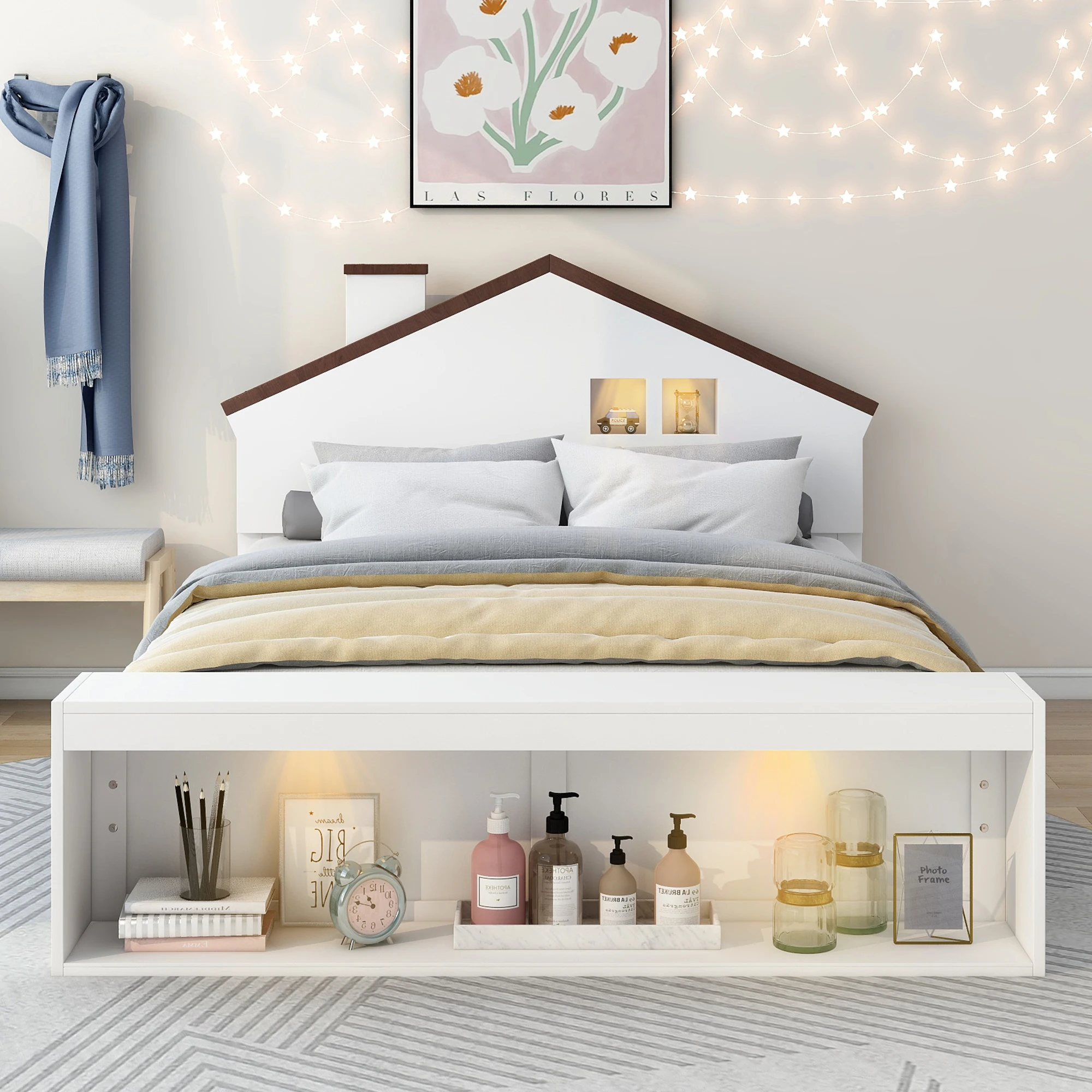 Full Size Platform Bed With LED Lights Storage Wooden Full House Bed Frame For Kids Teens Home Bedroom Furniture