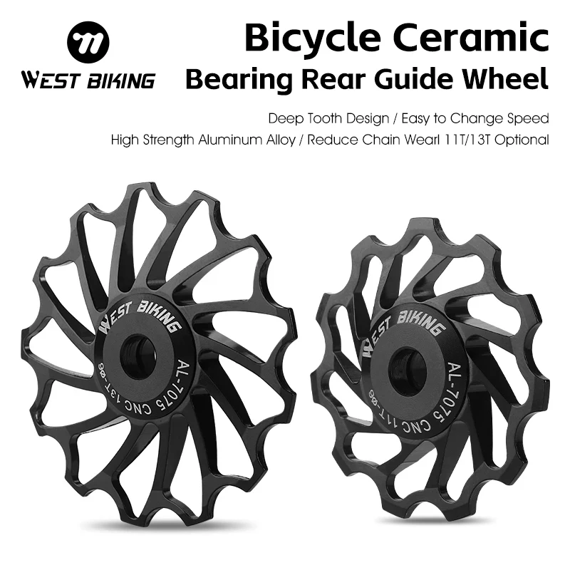 WEST BIKING Bicycle Ceramic Bearing Rear Guide Wheel 11 Teeth 13 Teeth Lightweight Aluminum Alloy Guide Wheel Bike Transmission