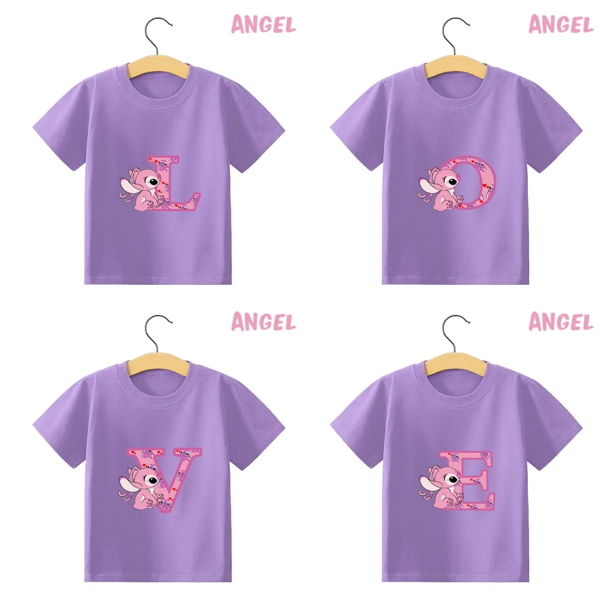 

Summer Stitch Angel Letter A B C Children T-Shirt Name Combination Tee Shirts Cartoons Kawaii Kids Clothes Girl Boys Tops Gift