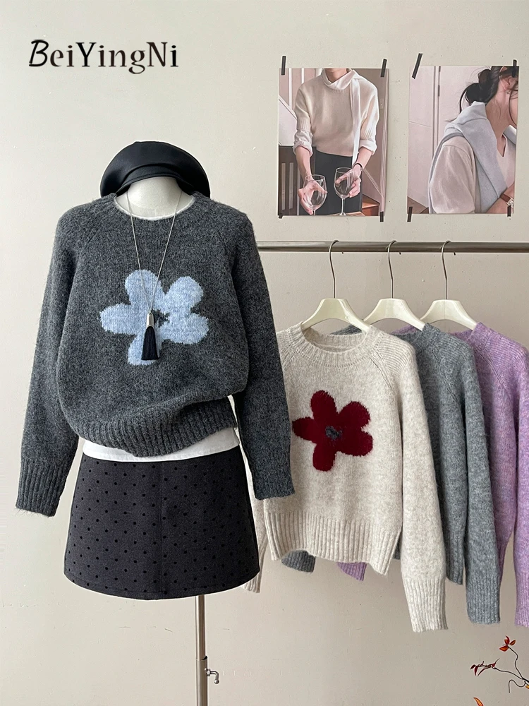 

Beiyingni Trendy Casual Korean Women's Sweater Flower Autumn Winter Loose Female Jumpers Kawaii Harajuku Minimalist O-neck Tops