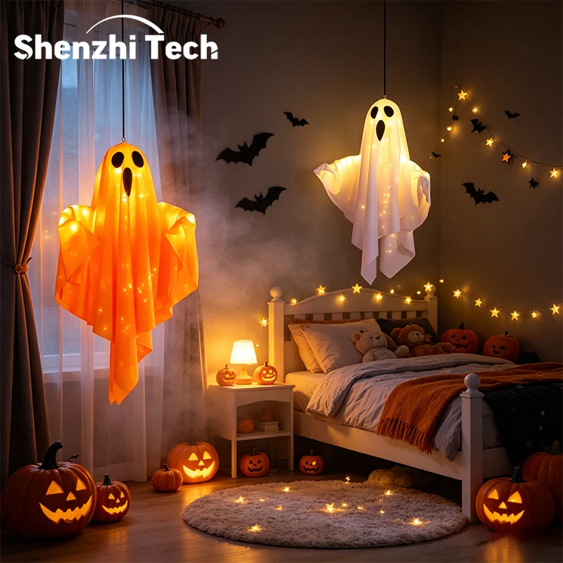 Halloween Hanging Light Up Ghost Lamp, Battery Operated LED Fabric Ghost Light Decor, Spooky Hanging Ghost Ornament for Bedroom