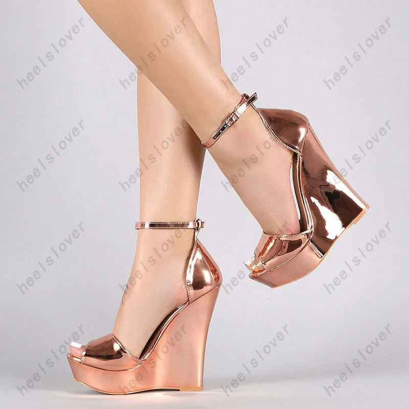 Ahhlsion Handmade Women Glossy Sandals Comfort Wedges Heels Peep Toe Beautiful Gold Silver Party Shoes Ladies US Size 5-20