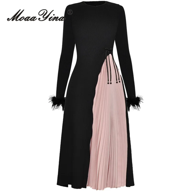 

MoaaYina Autumn Fashion Designer Vintage Party Spliced Dress Women O Neck Feather High Elastic Knitting Slim Pleated Long Dress