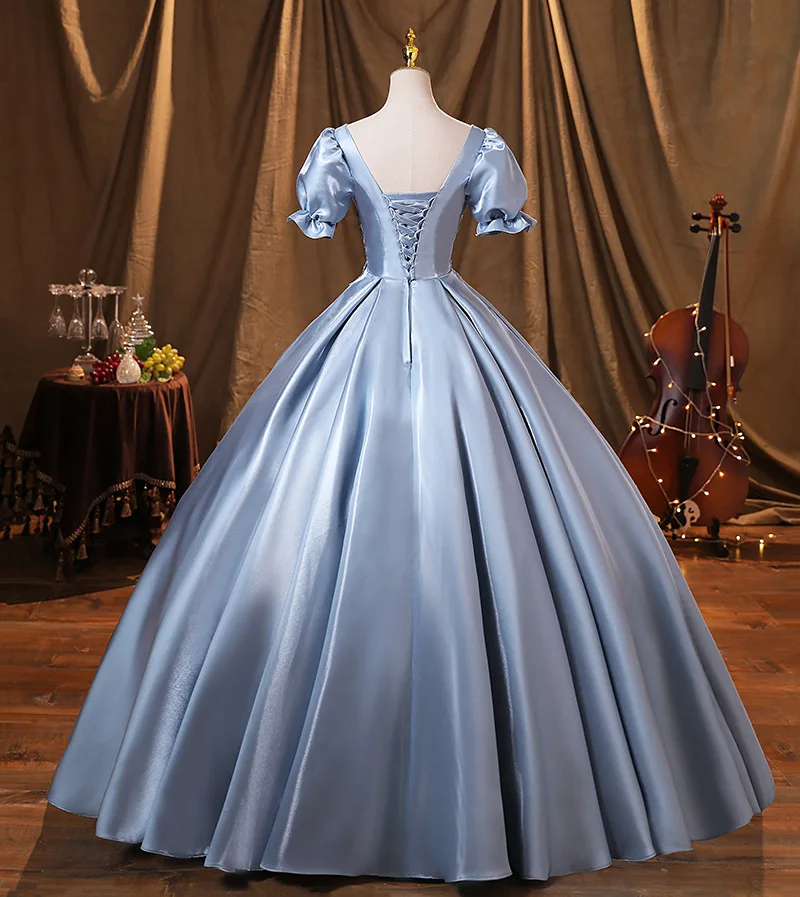 Blue Princess Quinceanera Dresses New Satin Vintage Puff Sleeves Ball Gown Dress Simple Sweet Vestido De Debutante Customized