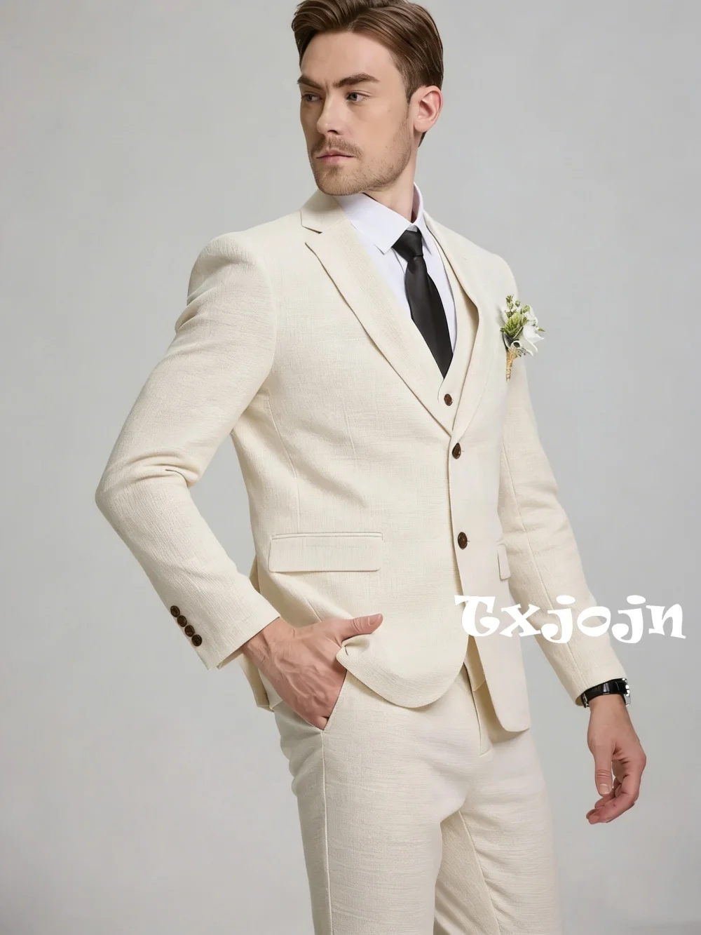 Summer Linen Men's Suits 3 Pieces Beach Wedding Outfit Breathable Handsome Tuxedo For Man Plus Size Notched Lapel Suit Set