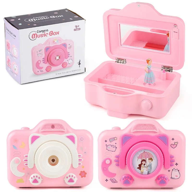 Music Box Simulation Camera Rotating Ballet Girl Makeup Mirror Clockwork Movement Vocalize Jewelry Storage Box With HD Mirror