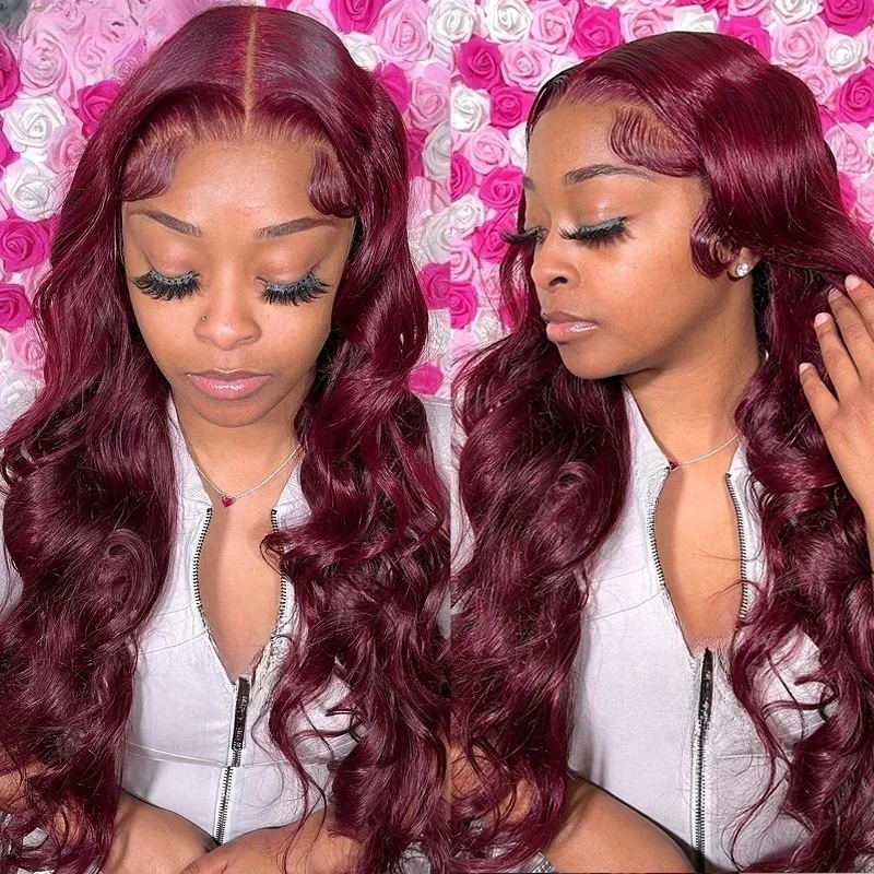 بورجوندي 99j طويل 26 بوصة طبيعي ناعم 180 الكثافة غلويليس الاصطناعية الجسم موجة الدانتيل شعر مستعار أمامي للنساء Babyhair PrePlucked #3