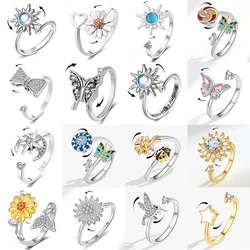 Fashion Fidget Spinner Ring Anxiety for Women Multiple Crystal Star Butterfly Flower Knuckle Rings Anti Stress Wedding Jewerly