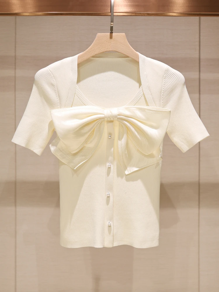 

Chic ort Sve Knitted Sweater Women's Summer Slim Fit Square Ne Sweet Sle T-irt Top Ele Faionable Thin Design