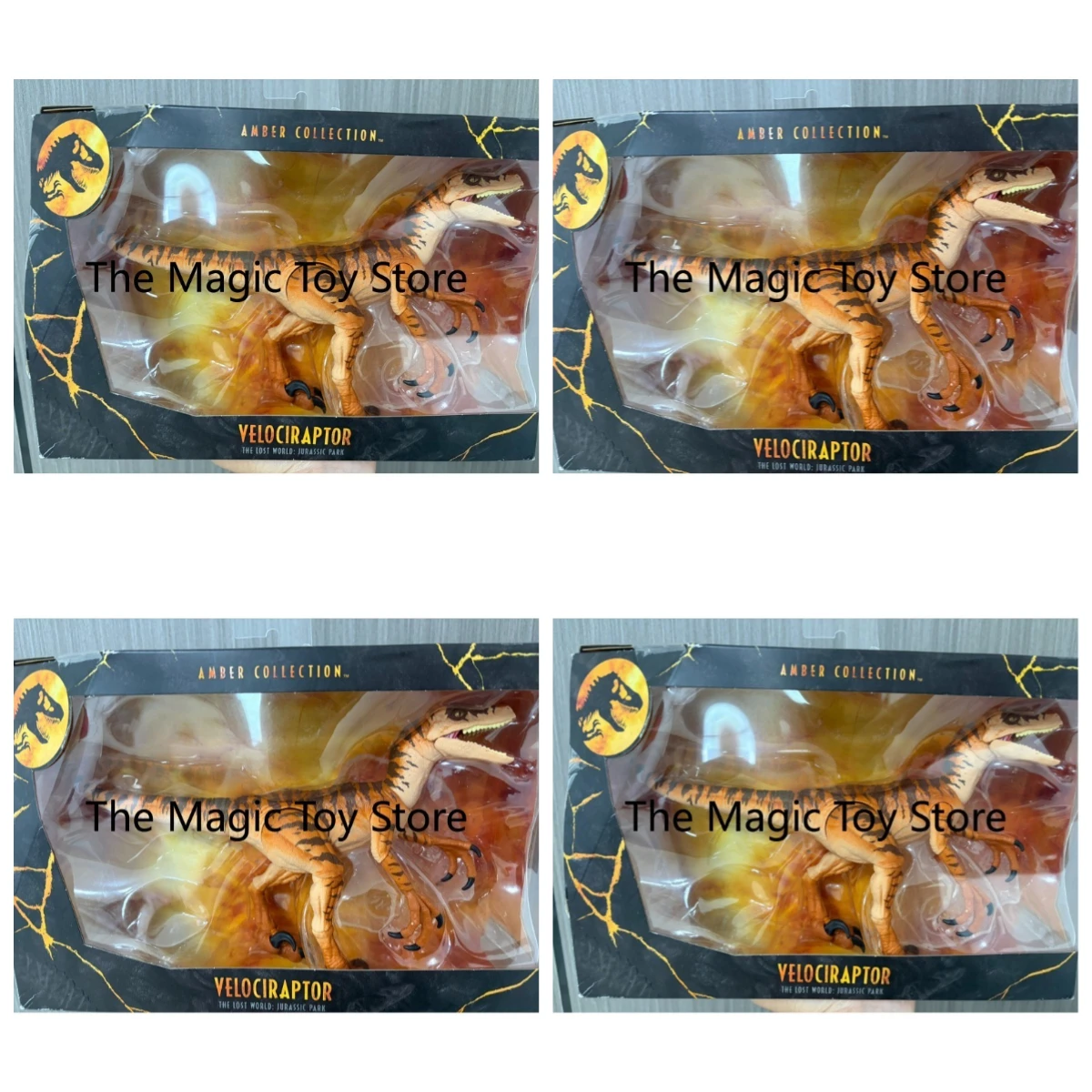 Original Jurassic World Amber Collection Tiger Stripe Velociraptor Complete Box with Display Stand Dinosaur Collectible Figure