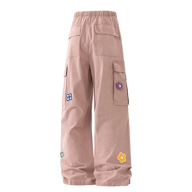 Calças de trabalho tridimensionais com pequenas flores bordadas lavadas para casais, calças de emagrecimento e versáteis de algodão puro com pernas retas