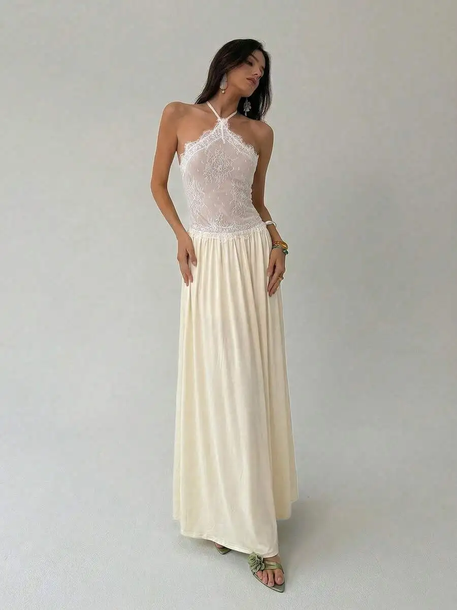 

Elegant Lace Halter Neck Backless A-Line Maxi Dress For Women Summer Beach Resort Wear