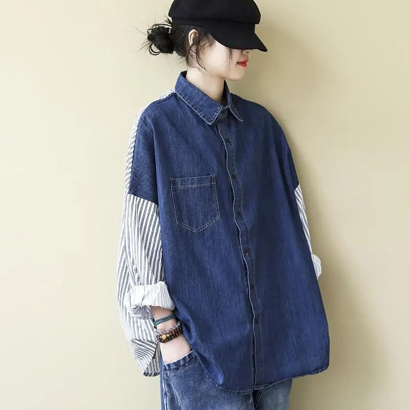 

Свободная женская рубашка с длинным рукавом в художественном стиле, осенняя коллекция, с воротником, в стиле пэчворк, с джинсовыми полосками, универсальный повседневный топ