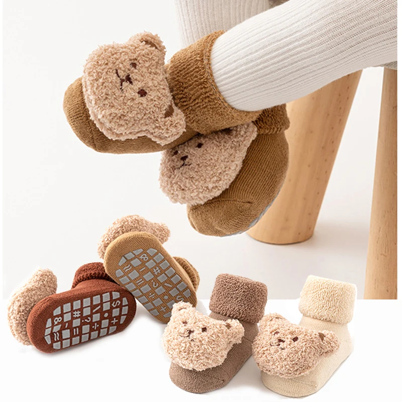 Cute Baby Girls Boys Toddlers Slipper Socks with Doll Winter Thick Warm Non-slip Floor Walking Grip Socks Child Kids Xmas Gift