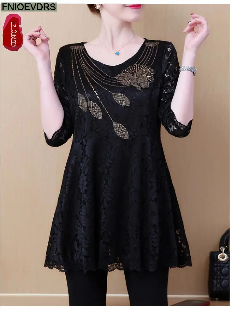 2022 Autumn Black Lace Tunic Bling Tops Hot Women Long Sleeve Elegant Office Lady Patchwork Sheer Belly Design Peplum Top Blouse