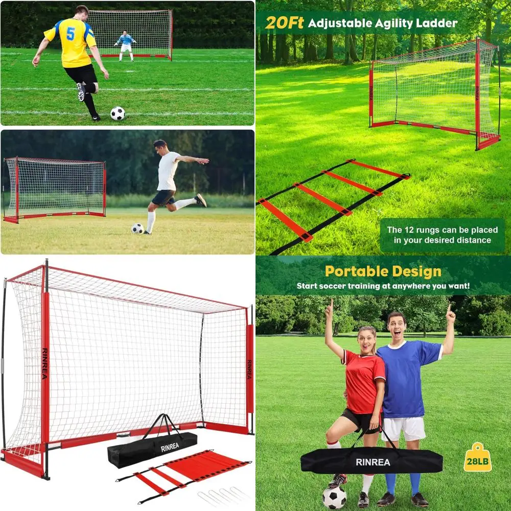 

Быстросборные портативные футбольные ворота с складной сеткой, металлическим основанием, сумкой для переноски, лестницей для координации движений и креплениями к земле