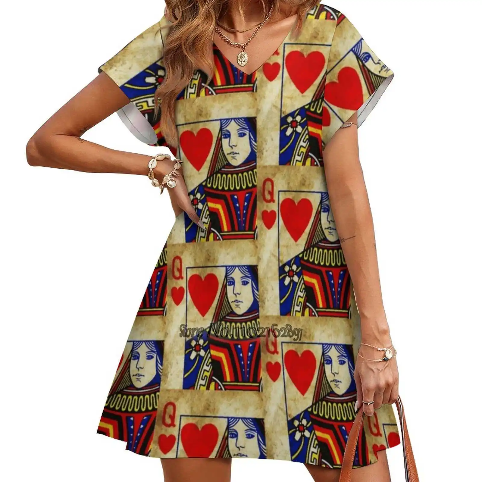 

Queen Of Hearts Playing Card - Vintage Style Loose V-Neck Short Sleeve Skirt Elegant High Quality Dress Lightweight Fabric