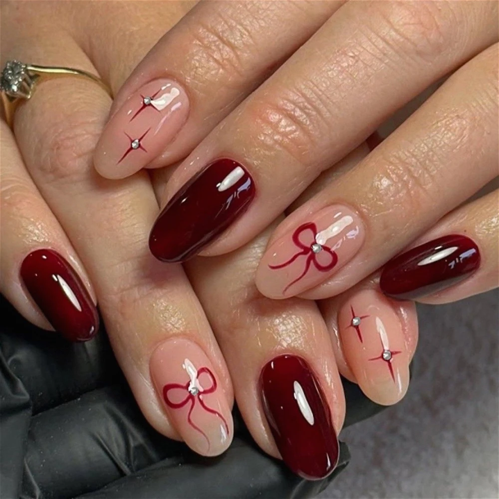 

Shiny Rhinestone Red Bowknot Stars Wearable Nail Art Wine Red Almond False Nails Detachable Finished Fake Nails Press on Nails