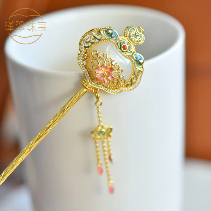 S925 Silver Inlaid Hetian , Ruyi Lock Enamel With South Red Agate Hairpin, New White Jade Design