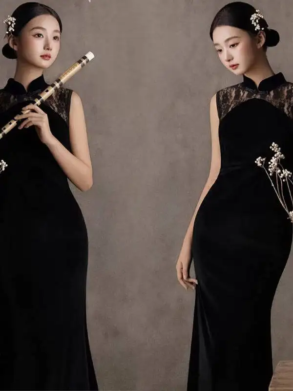 

New Chinese Style Lace Mid-Length Black Photography Costume Cold Tone Retro Studio Photography Traditional Ethnic Wear