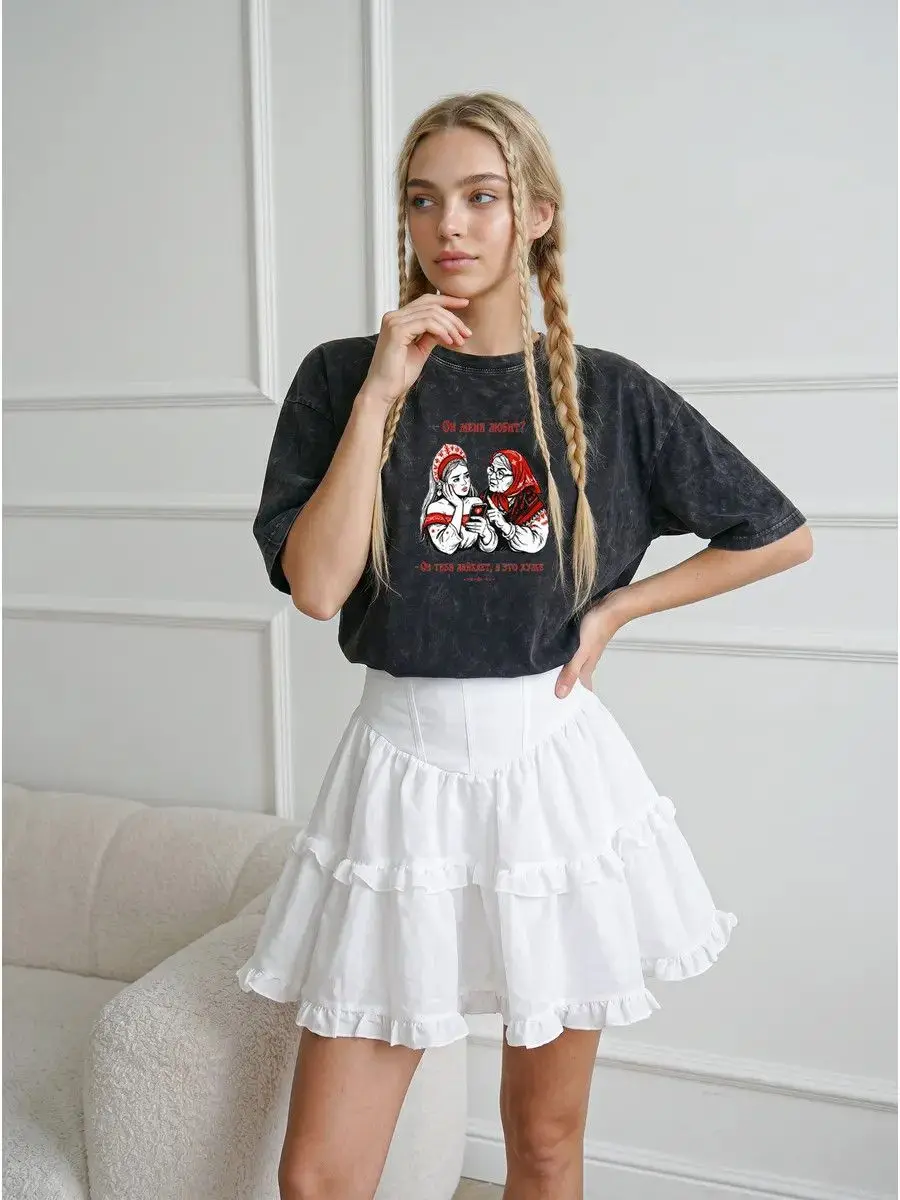 Vintage Black Washed Cotton T-Shirt with Russian Folk Meme Graphic T Shirts Casual Top Sweet Women Unique Cartoon Y2k Aesthetic
