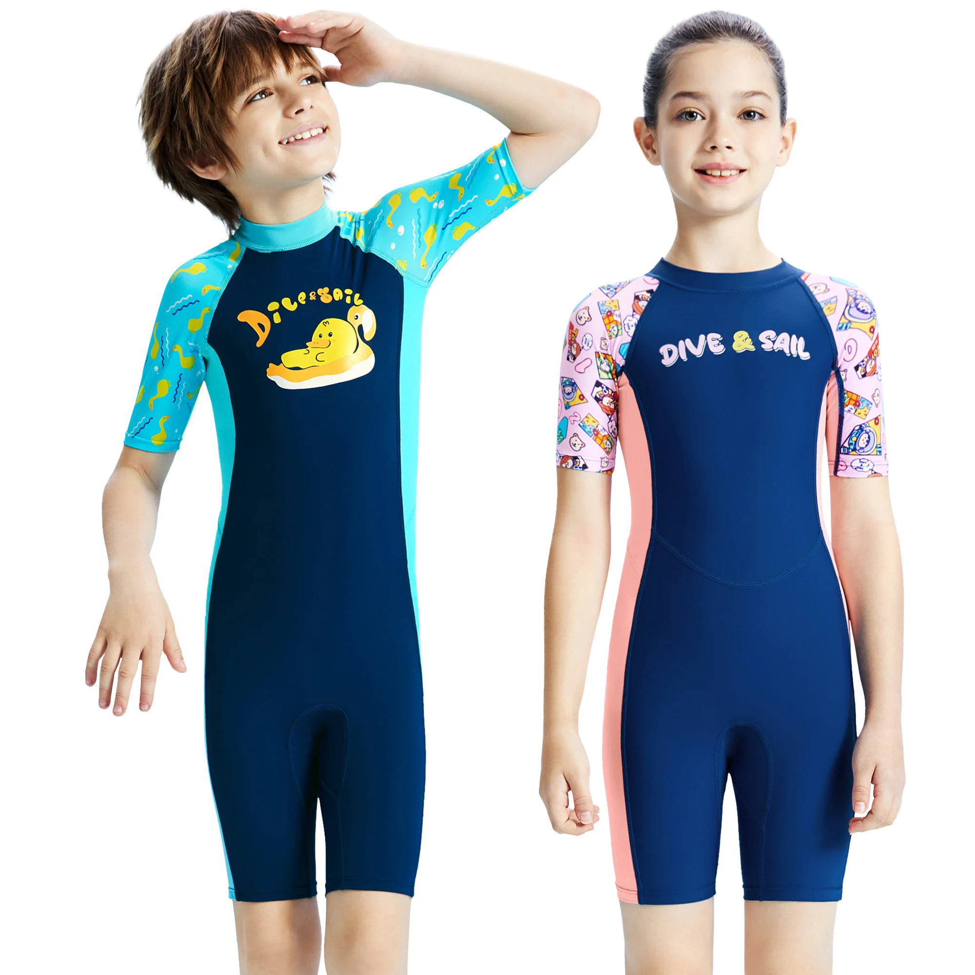 

Детский гидрокостюм из лайкры, цельный купальник для мальчиков и девочек, купальный костюм для дайвинга с принтом, детский пляжный комплект рашгарда
