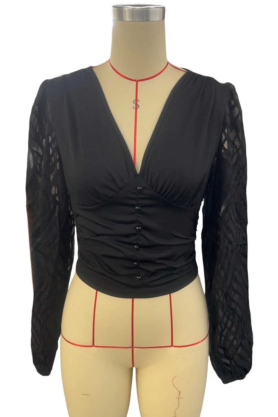 2025년 신상 여성용 반팔 티셔츠 브이넥 랜턴 소매 슬림 블랙 레이스 스플라이싱 버튼 탑 우아한 오피스 티셔츠 여성용