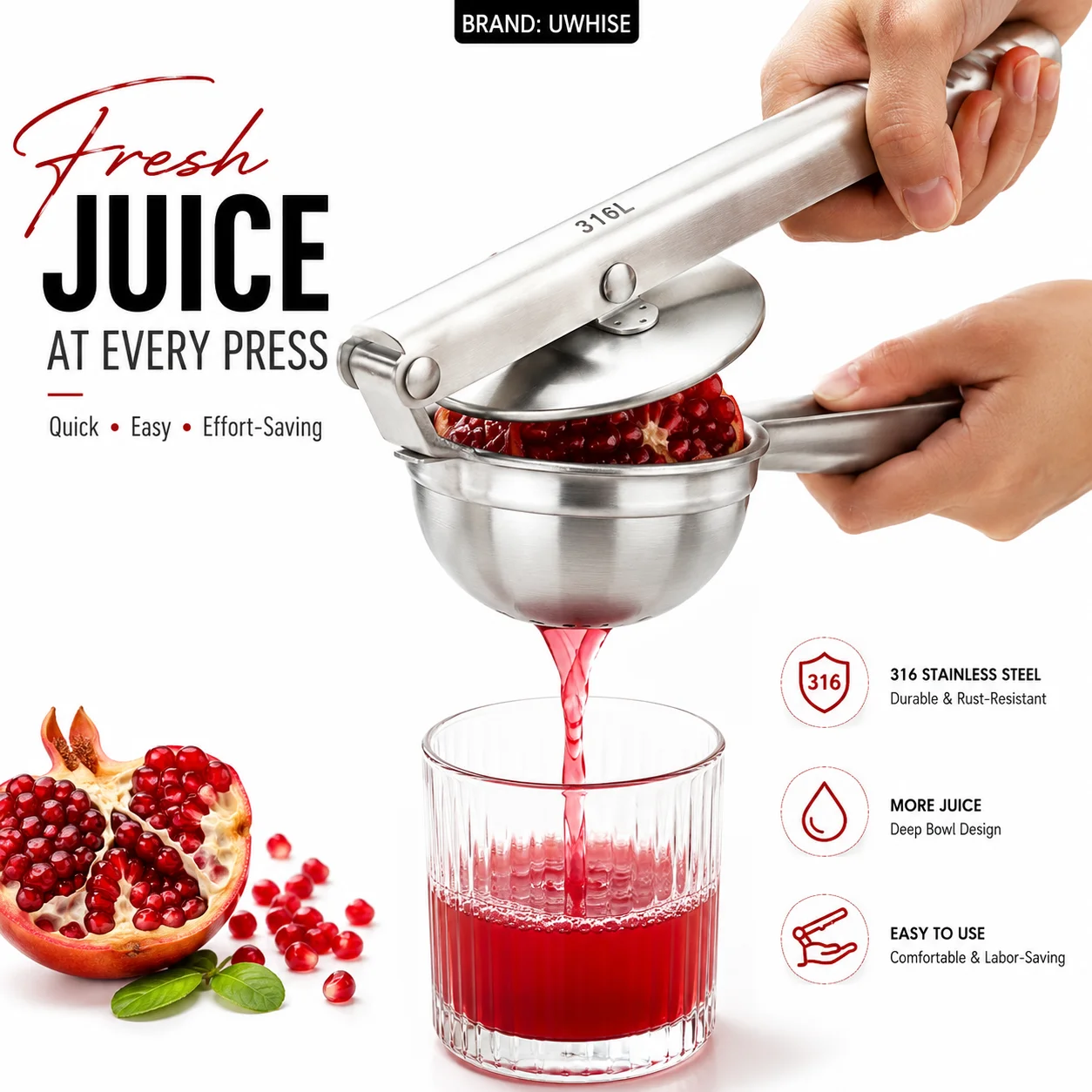 Uwhise 316L Stainless Steel Lemon Squeezer Deep Bowl Hand Press Citrus Juicer Dishwasher Safe Fruit Extractor Kitchen Tool