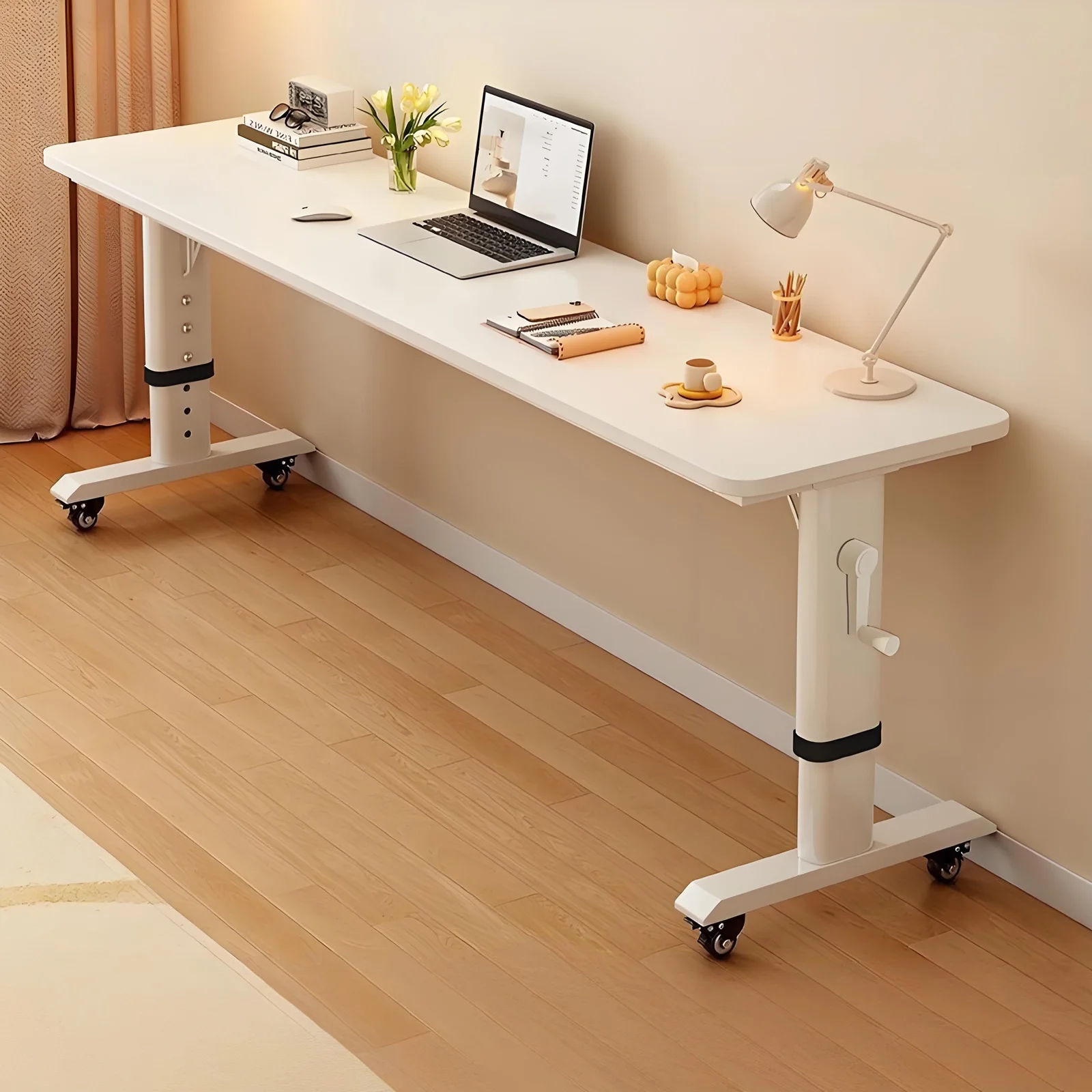 Solid wood hand-cranked computer desk study table movable lift cross-bed table against the wall workbench lazy bedside table