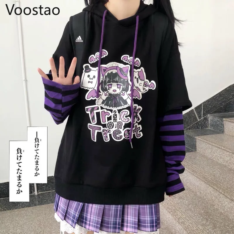 Gothic Anime Print Hoodies Fake Two Piece Hooded Sweatshirt Striped Long Sleeve Patchwork JK Hoodie Teens Punk Y2K Clothes Tops