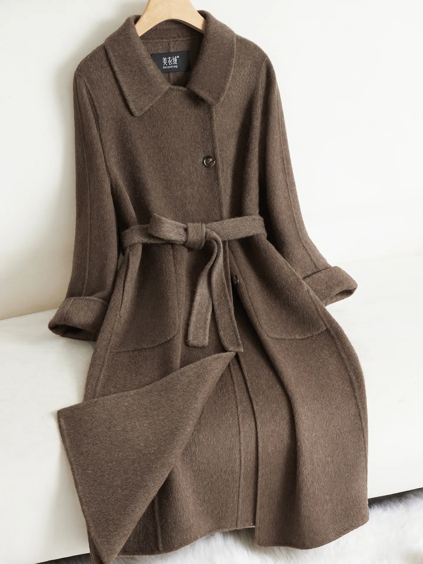 Light coffee double-sided cashmere coat women's long over-knee lace-up doll collar large lapel variable wool coat