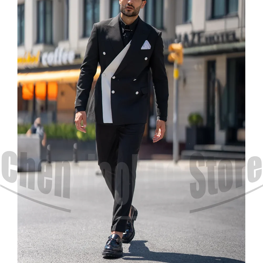 

Chic Patchwork Men Suits 2 Piece Double Breasted Peak Lapel Outfits Fashion High-end Wedding Party Prom Tuxedos (Blazer+Pants)
