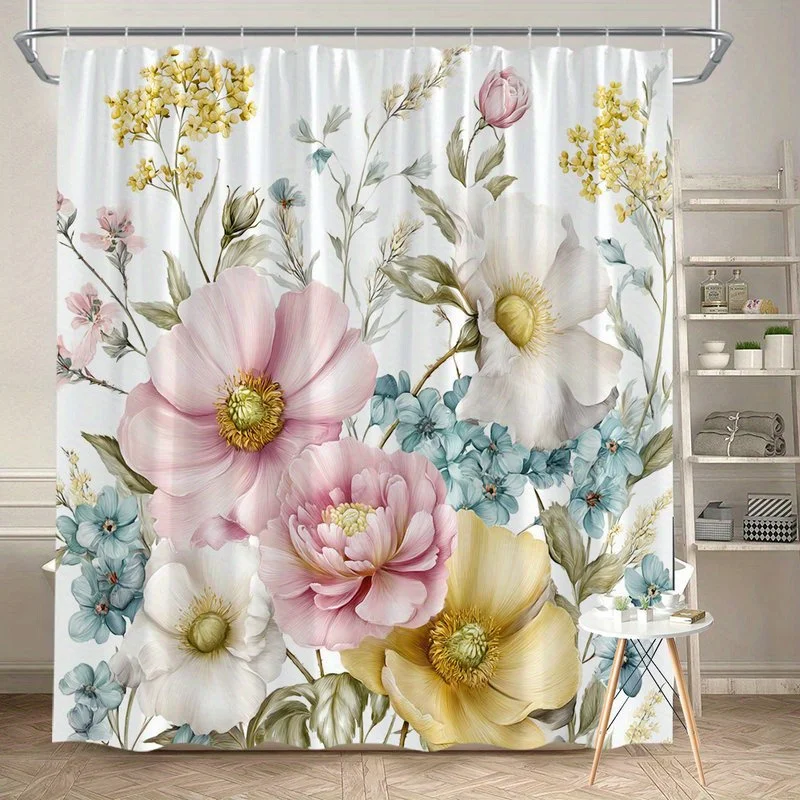 

1 шт. красочная занавеска для душа с цветочным принтом, полиэфирная ткань, можно стирать в машине, подходит для украшения ванной комнаты