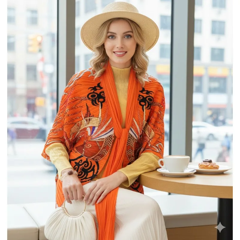 

Плиссированная куртка Miyake 2026: Премиум-качество, большие размеры, плиссе, весна-лето, принт «Масляная живопись», бахрома, свободный крой, кардиган-накидка